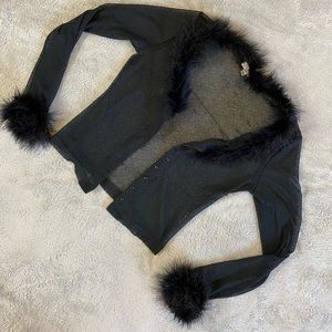 Vintage Y2K Black Knit Marabou Feather Sheer Cropped Cardigan